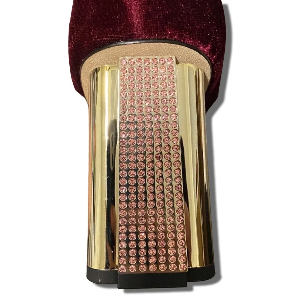 Kate Spade Sybil Pump Cherrywood Burgundy Velvet Gold Rhinestone Block Heel 9.5M